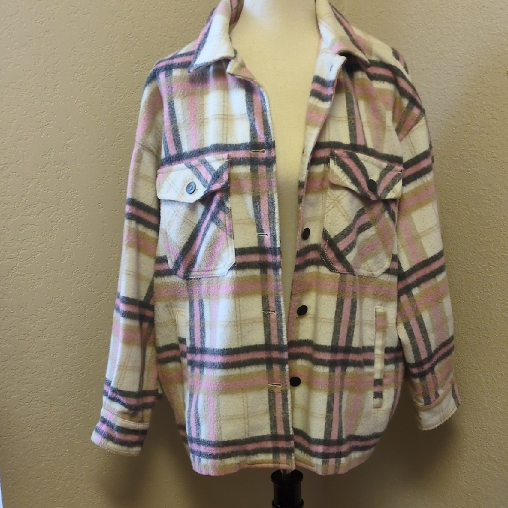 Zara Pink And Gray Plaid Long Sleeve Button Up Collared Flannel Top Size Large